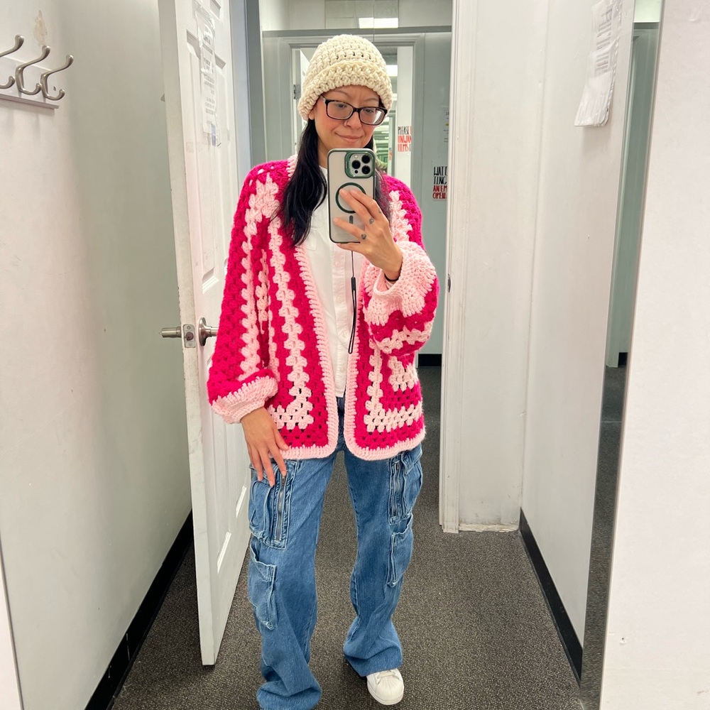 Pink and White Crochet Cardigan